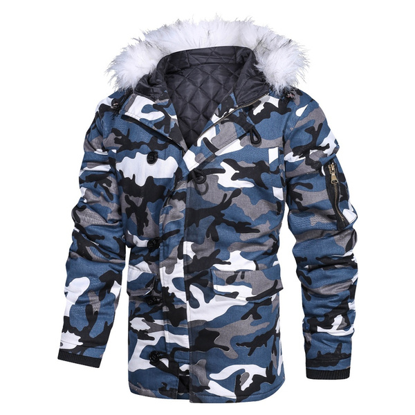 Camo jacket with blue fur outlet hood