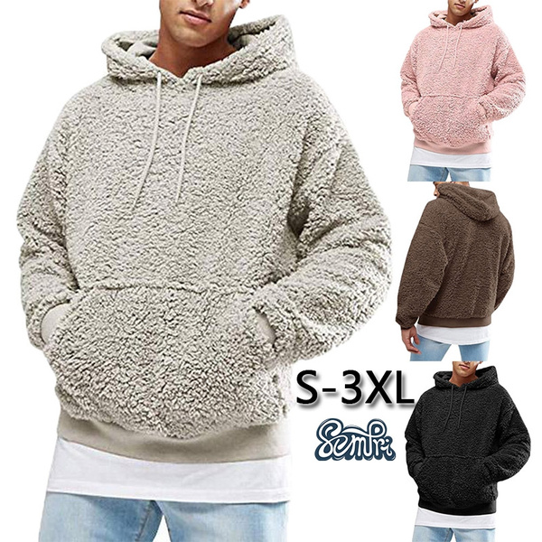 Qiangjinjiu Mens Solid Winter Fluffy Hoodie Hooded Pullover Sweatshirt Outwear 