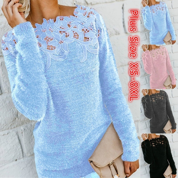 Plus Size Womens Ladies Long Sleeve Lace Floral Print Long Sleeve Round Neck Sweater Jumpers