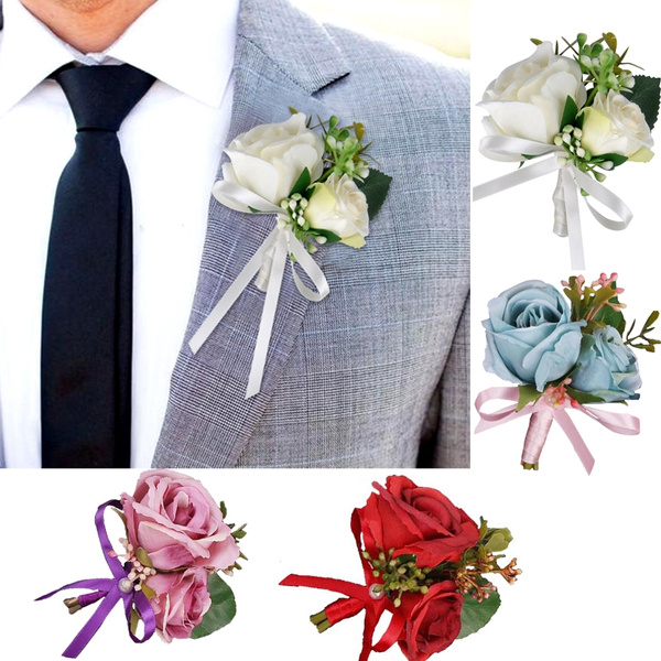 Silk Rose Flowers Corsage Men Boutonniere Brooch Pin Groom Wedding Party Decor 