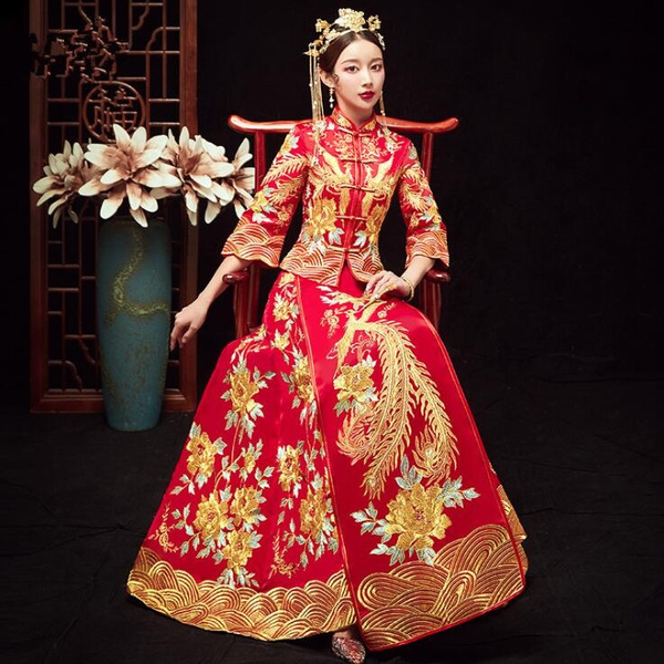 Red Formal Dress Royal Wedding Cheongsam Style DressCostume Bride