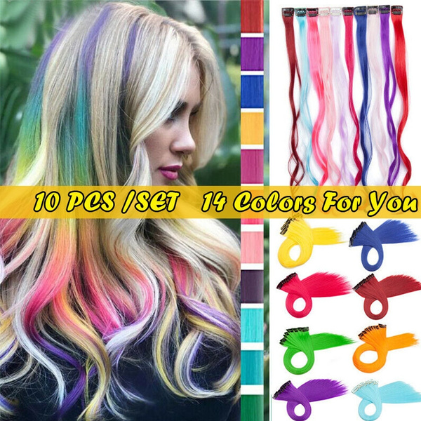 14 Colors CLIP IN Hair Extensions 10PCS/SET Colorful Straight/Curly Hair  Extensions for Women and Kids 22