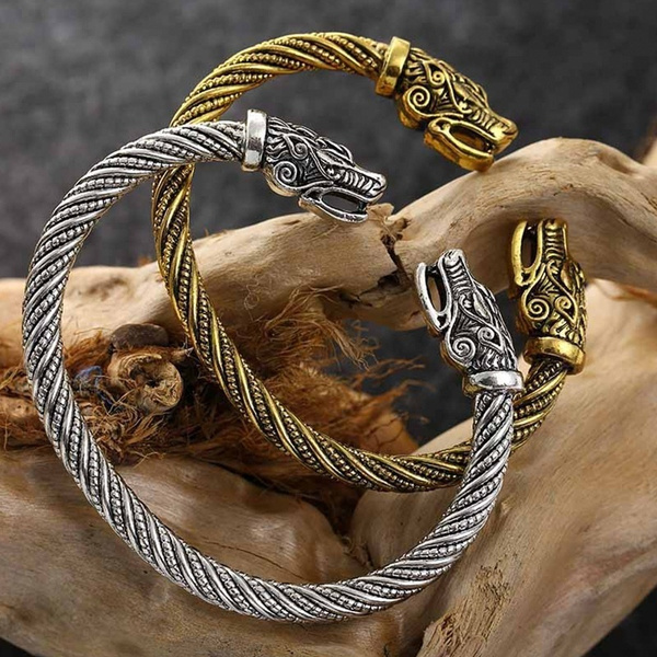Hongma Viking Bracelet With Dragon Twisted Wire Raven Cuff Adjustable Alloy Gold Silber Unisex