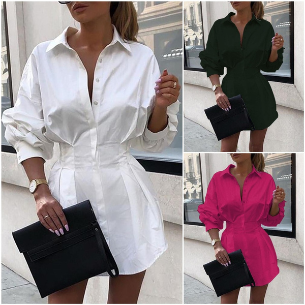 Solid long sleeve tight waist sale shirt dress