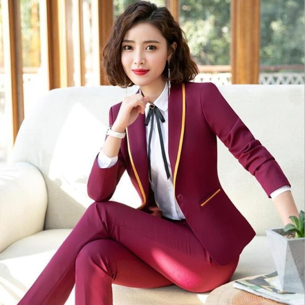 New Red Fashion Career Pant Suit Women Office Business Blazer Set With  Trouser