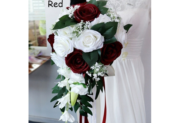Details about / White Waterfall Wedding Bouquet Calla Bride Holding Flowers Artificial Silk Rose