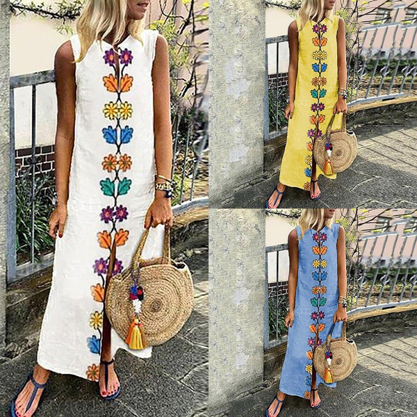 zanzea wanita musim panas boho long gaun sundress maxi kaftan abaya dicetak baju ganti