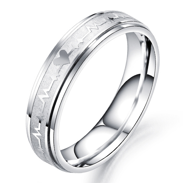 Trendy Stainless Steel Heartbeat Rings for Men Women Wedding Band