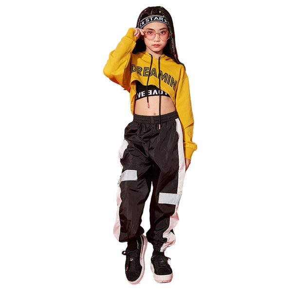 Girls Cotton Letter Crop Top Sport Suit For Dance And Hip Hop Kids