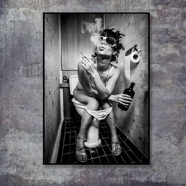 Girl In Toilet Drinking And Smoking Picture Print On Framed Canvas Wall Art