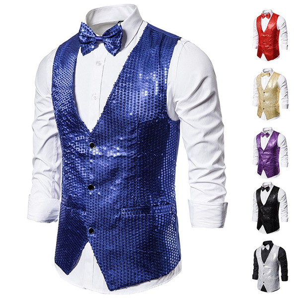 2pc Set Mens Sequin Dress Vest Bow Tie Waistcoat Set for Suit or Tuxedo ...