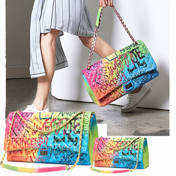 Large Luxury Printed Colorful Rainbow Handbags for Women Designer