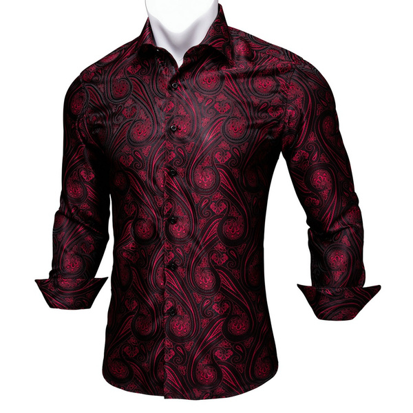 Barry.Wang Men Shirts Paisley Flower Woven Black Red Silk Dress Shirt ...
