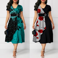 Swing dress, short sleeve dress, Floral print, Necks