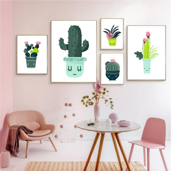 Gohipang Cartoon Cactus Flower Potted Plant Wall Art Canvas Painting ...