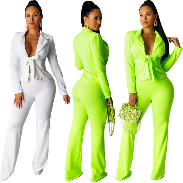 Women's Fashion Casual Outfits Clothes Set 2-Piece Solid Color V