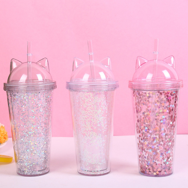 Plastic Cups With Straw Sequin Double Layer Water Bottle Cat Ear