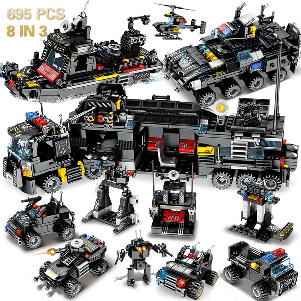 Toys 695PCS 8in3 Military command Truck SWAT Building Blocks For 