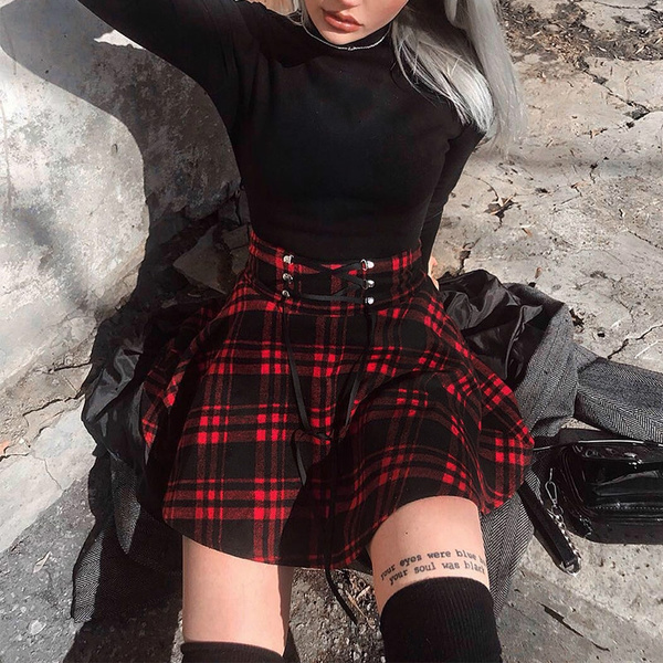 red black lace up plaid skirt