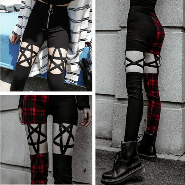 Punk Gothic Womens Leggings Hollow Out Pentagram Pencil Pants Clubwear