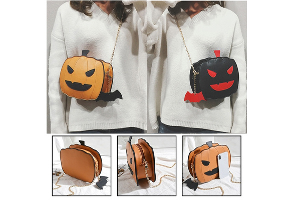 Halloween Women Pumpkin Handbag Candy Bag PU Buckle Chain