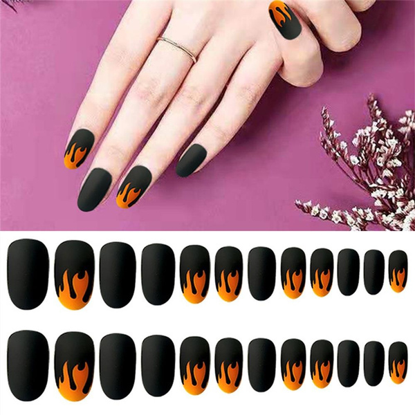 24pcs Fire Flame Nail Art Tips Black Matte False Nails With Glue Full Cover Fake Nail Tips Manicure Press On Nails Charms Wish