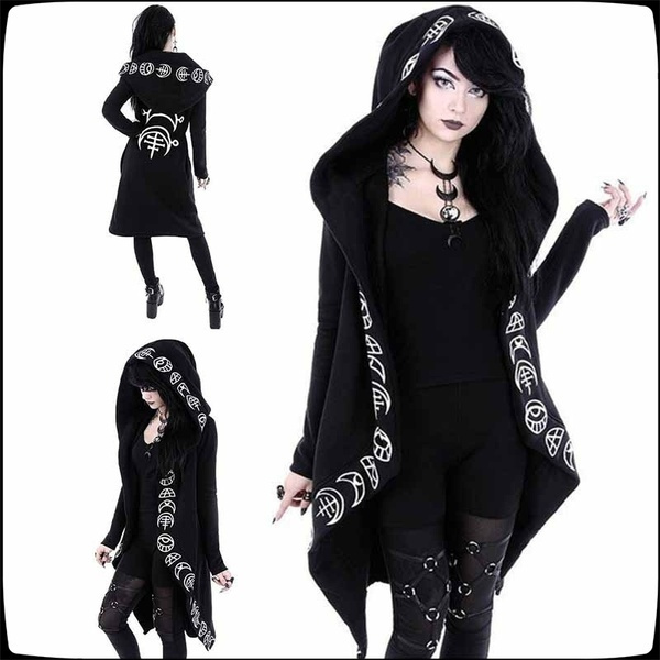 MILIMIEYIK Cardigan Jacket Women Plus Size Hooded Coat Long Sleeve Punk Moon Print Black Cloak Gothic Decor 