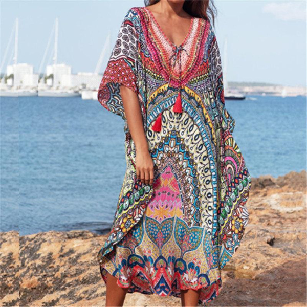 leje destillation Blitz EDOLYNSA Bohemian Printed Quick-drying Long Moroccan Kaftan Plus Size Women Summer  Clothes Boho V-neck Tassel Beach Dress | Wish