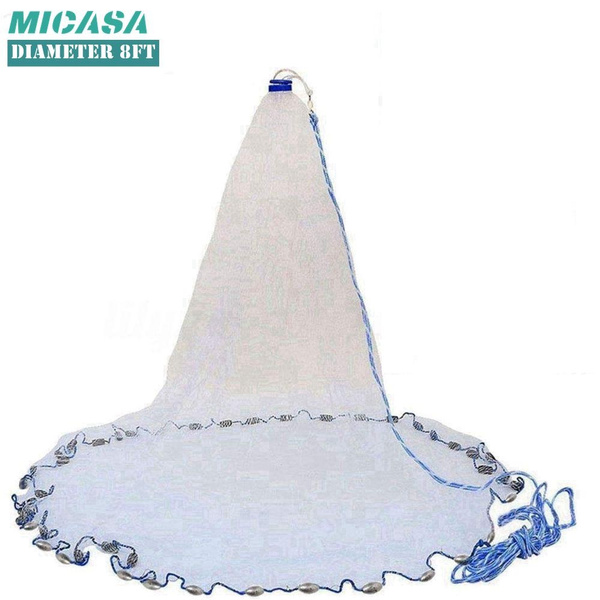 MICASA Fishing Cast Net Handmade American Saltwater Freshwater Monofilament  Nylon Net with Heavy Duty Real Zinc Sinker Weights for Bait Trap Fish 8ft  2.4m Full Spread, 3/8 Inch Mesh Size