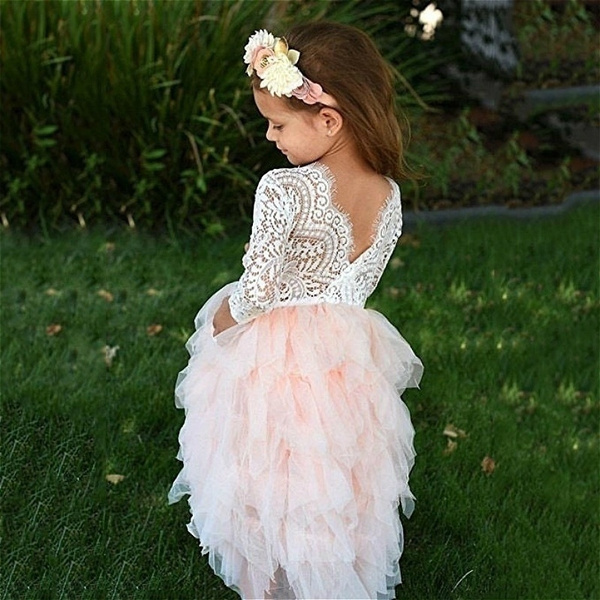 Flower Girl Lace Backless Tutu Tulle Dress Wedding Party Birthday Princess Gown 