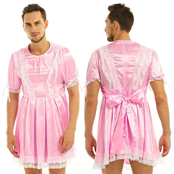 YiZYiF Mens Satin Frilly Girly Costumes Sissy Dress Cross Dresser Lingerie Pajamas Nightwear 