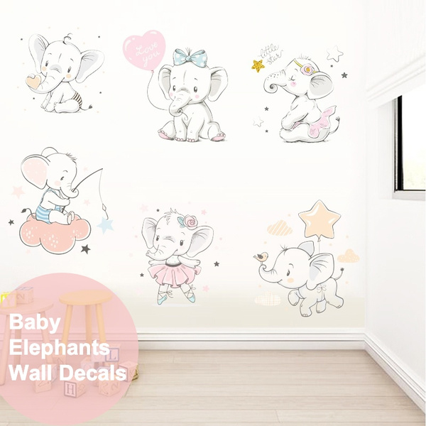 6 Cute Baby Elephants Wall Stickers Modern Design For Living Room Kids Decoration Colorful Decals Best Gifts Boys Girls Wish - Baby Room Wall Decorations Stickers
