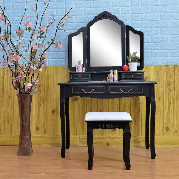Drawers Dressing Table Makeup Desk, Black Tri Fold Vanity Mirror Set