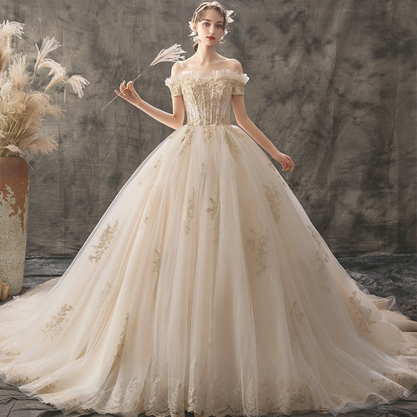 New Luxury Princess Sweep Train Wedding Dress with Champange Lace with ...