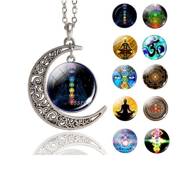 7 Chakra Reiki Healing Crescent Pendant Necklace Yoga Meditation Antique  Silver Necklace Handmade Spiritual Jewelry for Women Men