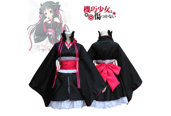 Anime Yaya Black Kimono Large Size Unbreakable Machine-Doll Cosplay Dress  Costume Full Set 5 in 1 Top+skirt+waistband+bowknot+ribbon