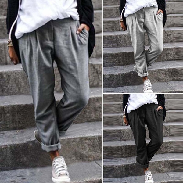 Womens Cotton Linen Buttons Long Pants Ladies Casual Baggy Harlan Trousers  | Wish
