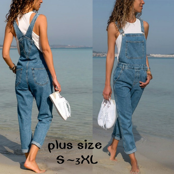 Women Solid Color Causal Demin Romper Fashion Overalls Jumpsuit Jeans Pants  Demin Blue Pants