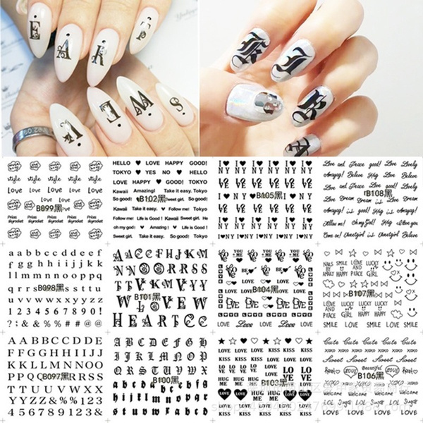 Love Heart 3D Nail Sticker Rose Flower Black Letter Self-Adhesive Nail  Decals | eBay