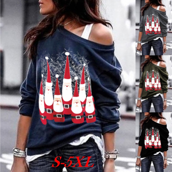 skew neck santa claus snowflake pullover christmas sweatshirt