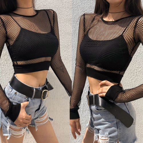 Women Long Sleeve Sheer Mesh Top Black Fishnet Clubwear Blouse Tank Shirts