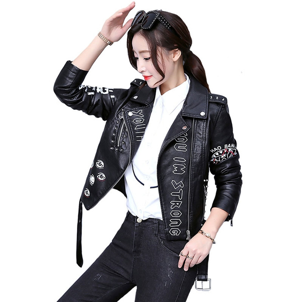 SLATIOM Plus Size Women Punk Studded Leather Jacket Black Spring Rivets  Washed Pu Biker Rock Coat (Color : Black, Size : XXL Code) : :  Clothing, Shoes & Accessories