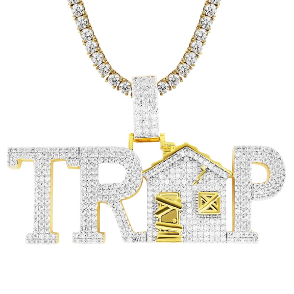 Mens Gold Finish Trap House Bling Rapper Pendant Free Box Chain | Wish