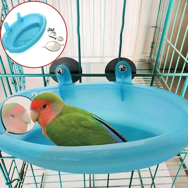 TeDUnaxxme Small Bird Parrot Bath Basin Cute Cage Mounted Shower Pet Bathtub with Mirror 