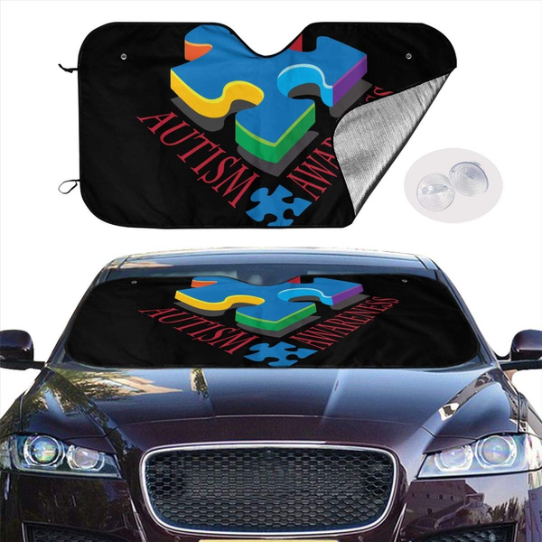 Window Shade For Car Colorful Autism Awareness Puzzle Wood Polyester&aluminized Film Cushion Fabric For Maximum Uv And Sun Protection Car Foldable Sun Shade Foldable Keep Your Vehicle Cool 55x30 Inch 