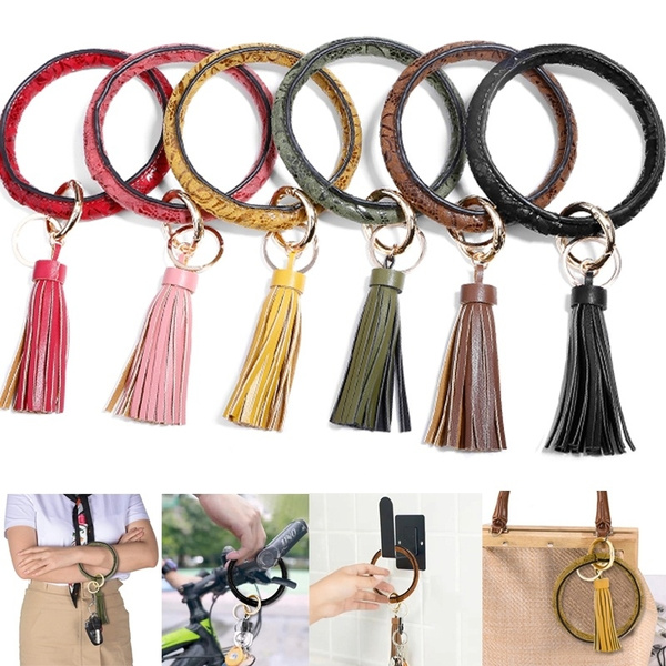 Wristlet Keychain Bracelet Bangle Keyring Large Circle Key Ring Leather  Tassel Bracelet