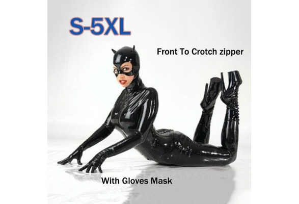 Flexible Faux Leather Bodysuit With Mask And Long Latex Gloves