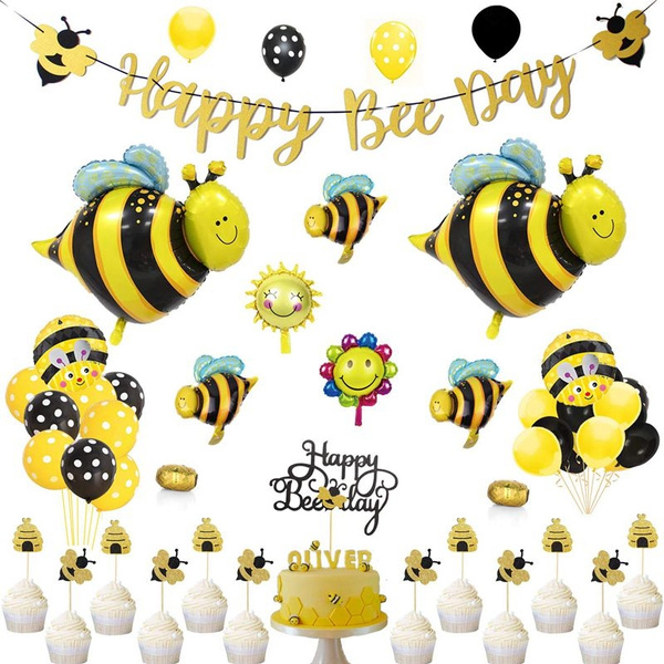 Happy Bee Day Gold Glitter Banner & Happy Bee Day Cake Topper for Bumble Bee Themed Happy Birthday Party Supplies Decorations 