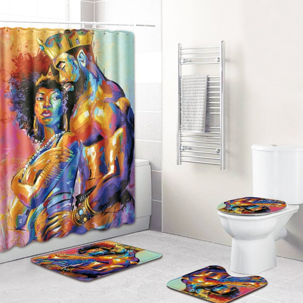 African American Men And Women Bathroom Anti-slip Mat Toilet mat Shower  Curtain Set Shower Curtain