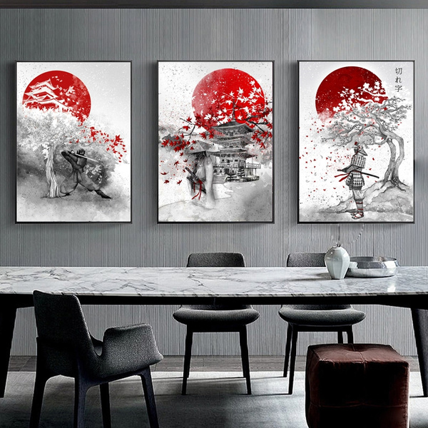 3pcs Set Japanese Samurai Wall Murals Canvas Painting Vintage Home Decor Art Picture Black Red Warriors Posters For Living Room Bedroom Office No Frame Wish - Wall Art Home Decor Murals